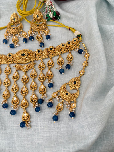 Antique Kundan Grand Necklace With Maang Tikka Short Set | N1308