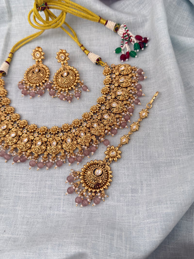 Antique Kundan Grand Necklace With Maang Tikka Short Set | N1298