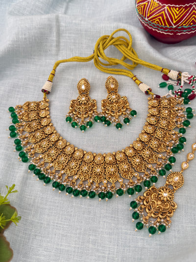 Antique Kundan Grand Necklace With Maang Tikka Short Set | N1283