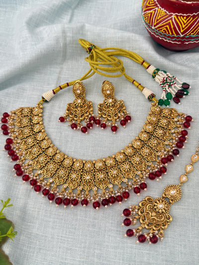 Antique Kundan Grand Necklace With Maang Tikka Short Set | N1284