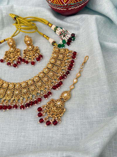 Antique Kundan Grand Necklace With Maang Tikka Short Set | N1284