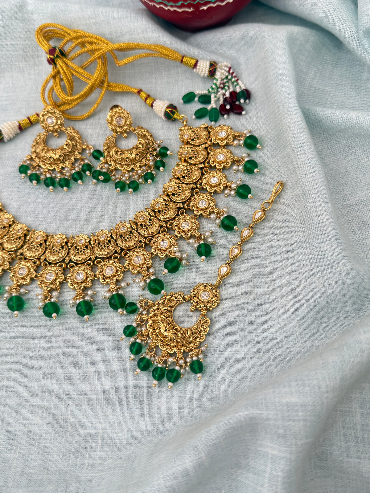 Antique Kundan Grand Necklace With Maang Tikka Short Set | N1287
