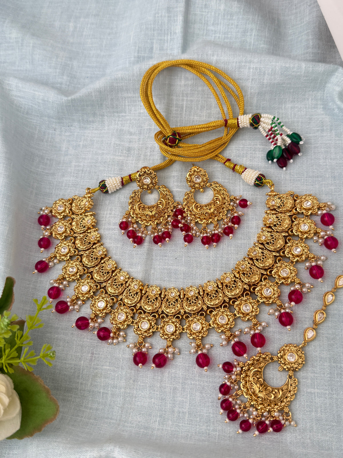 Antique Kundan Grand Necklace With Maang Tikka Short Set | N1292