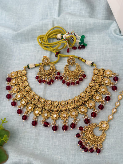 Antique Kundan Grand Necklace With Maang Tikka Short Set | N1288