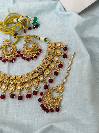 Antique Kundan Grand Necklace With Maang Tikka Short Set | N1288