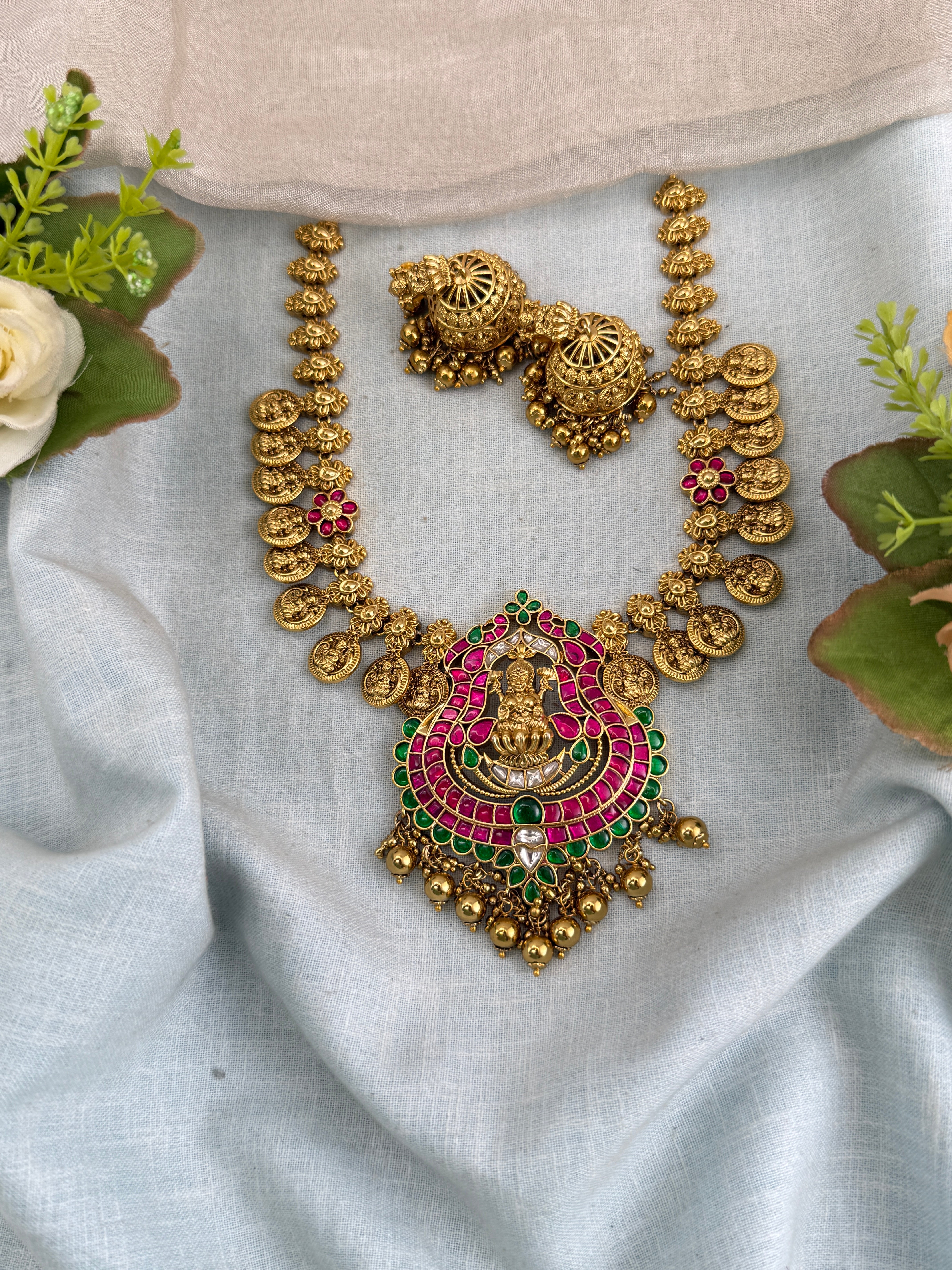 Antique Jadau Kundan Mango Long Pendant Necklace Set | 0130