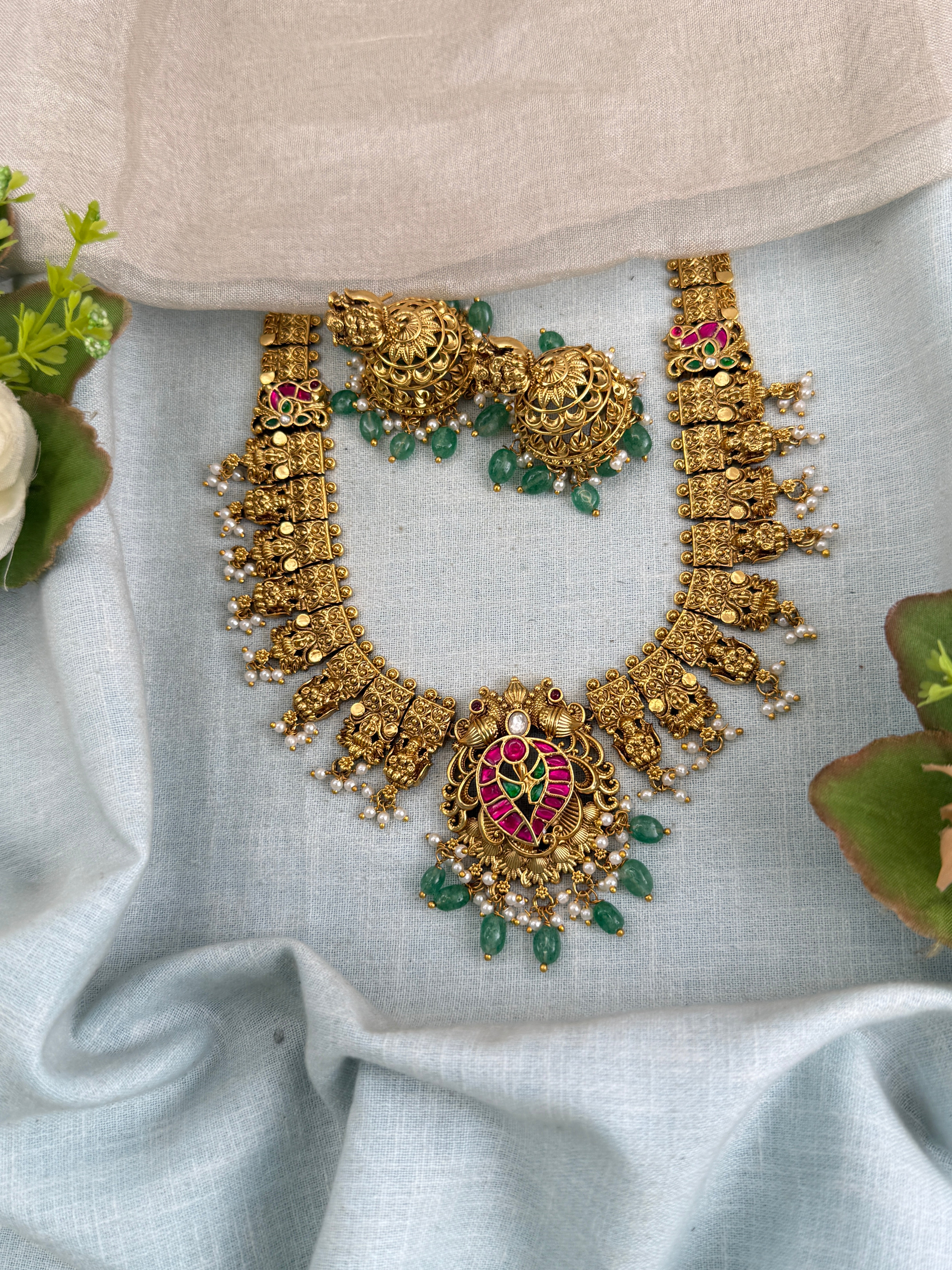 Antique Jadau Kundan Mango Long Pendant Necklace Set | 0133