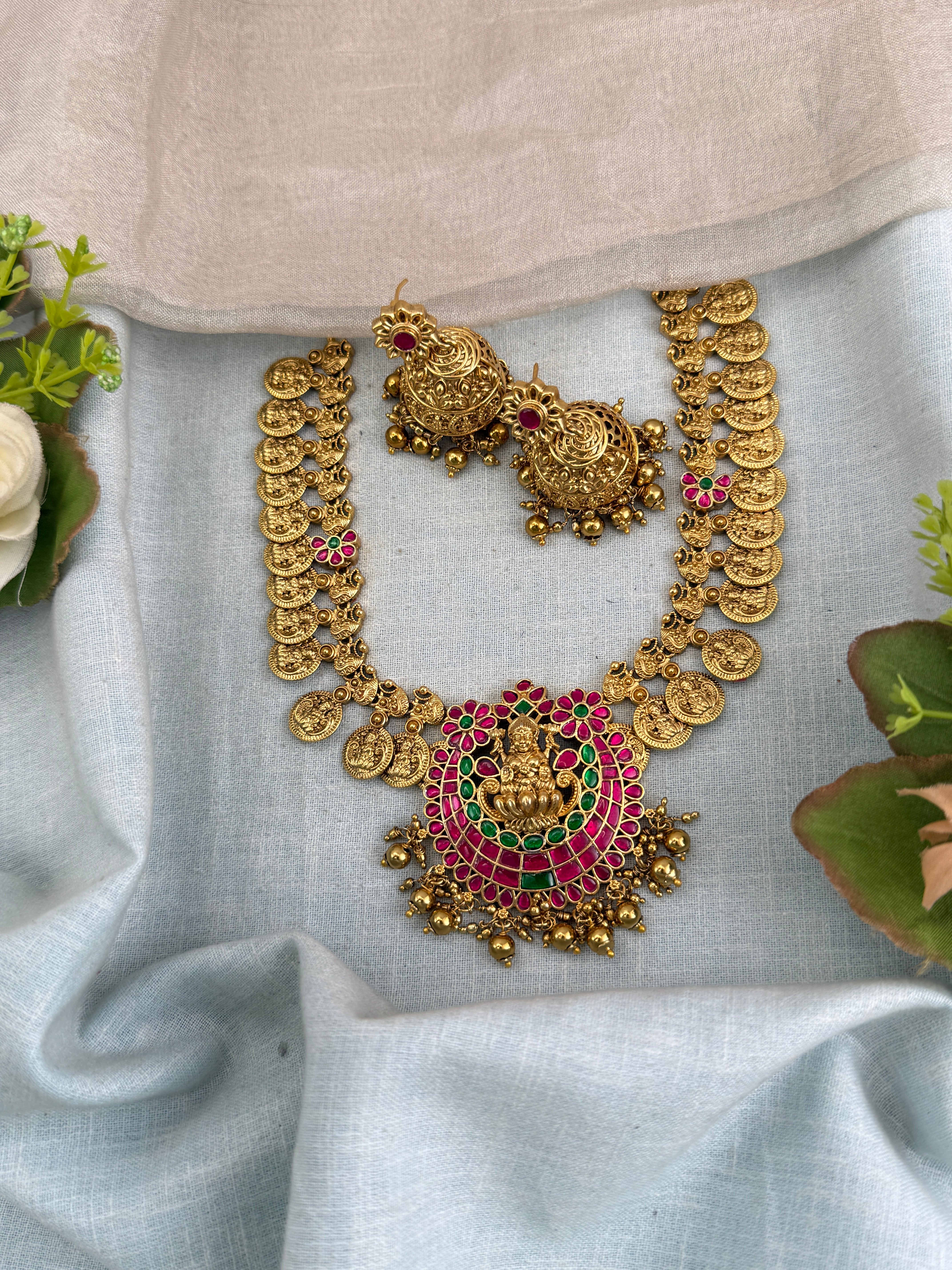 Antique Jadau Kundan Mango Long Pendant Necklace Set | 0134