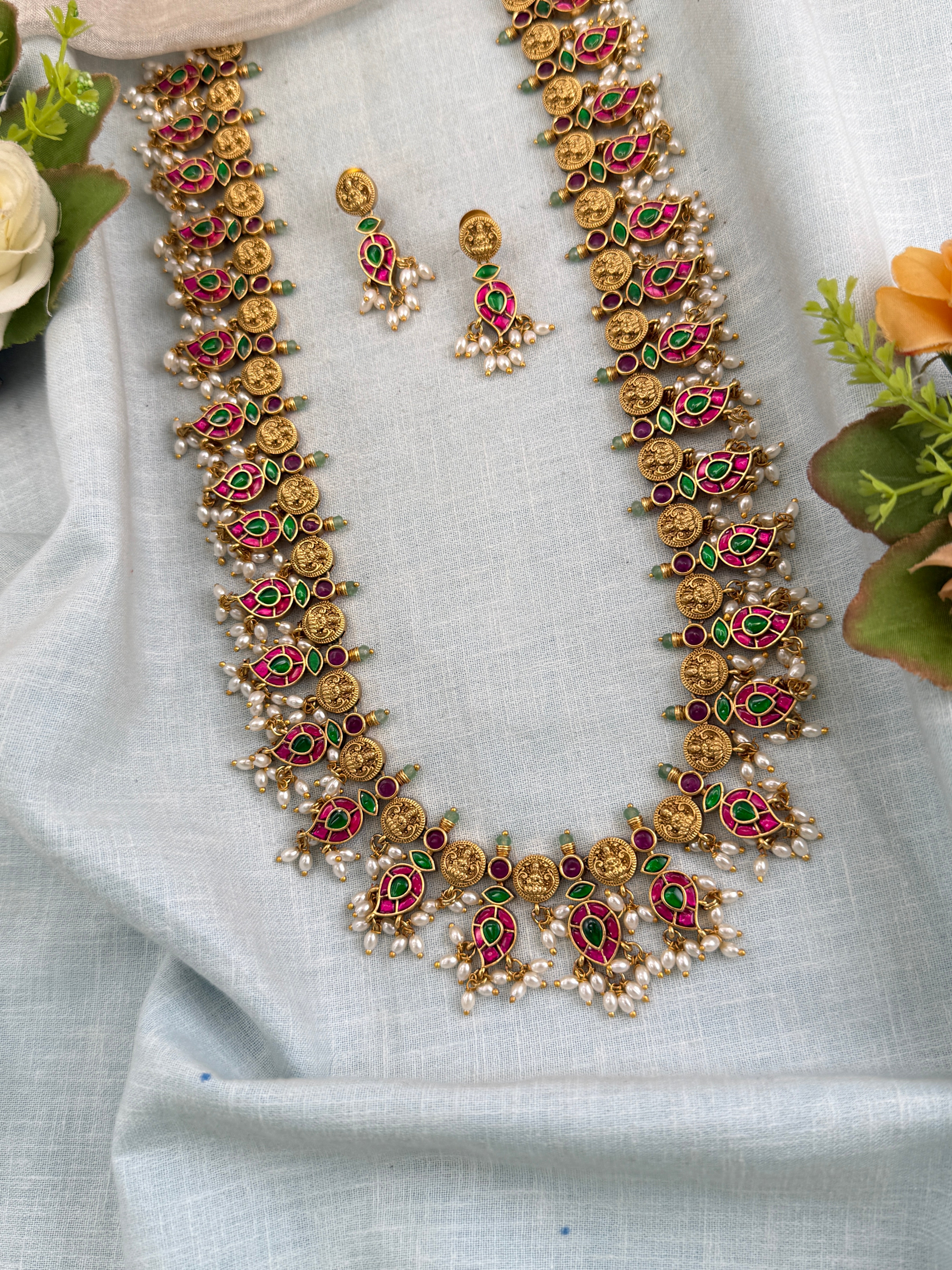 Antique Jadau Kundan Mango Long Pendant Necklace Set | 0136