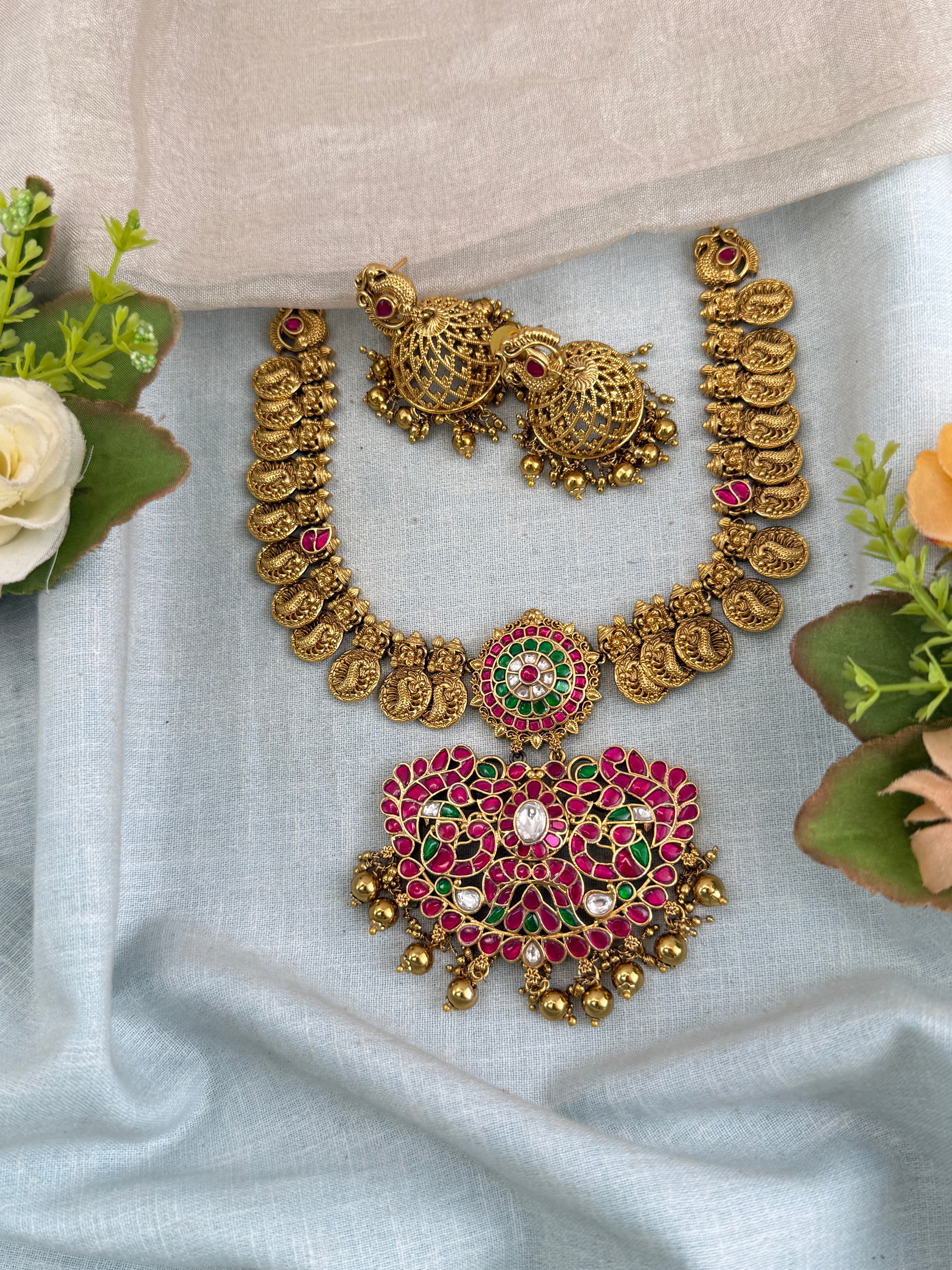 Antique Jadau Kundan Mango Long Pendant Necklace Set | 0138