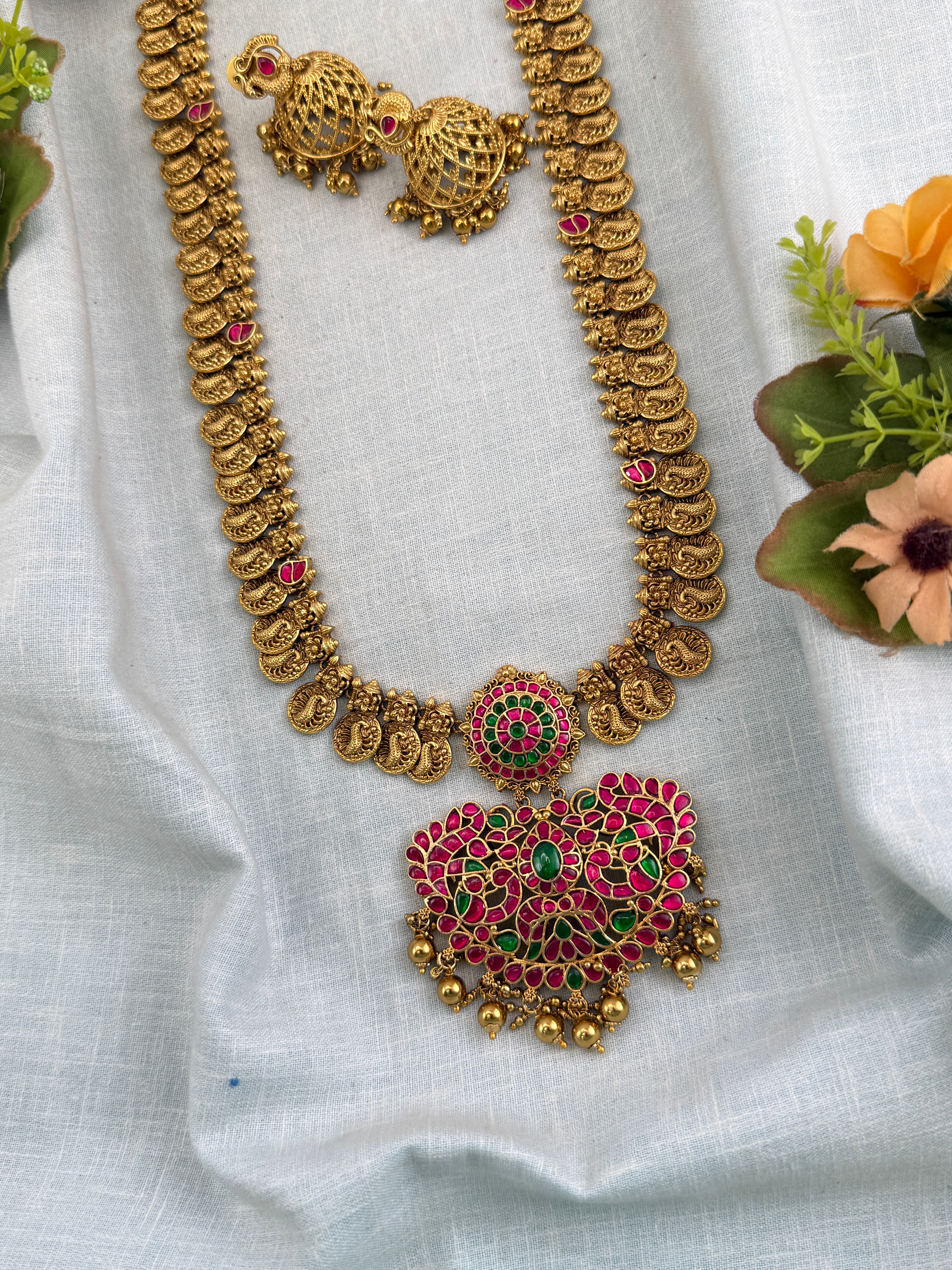 Antique Jadau Kundan Mango Long Pendant Necklace Set | 0139