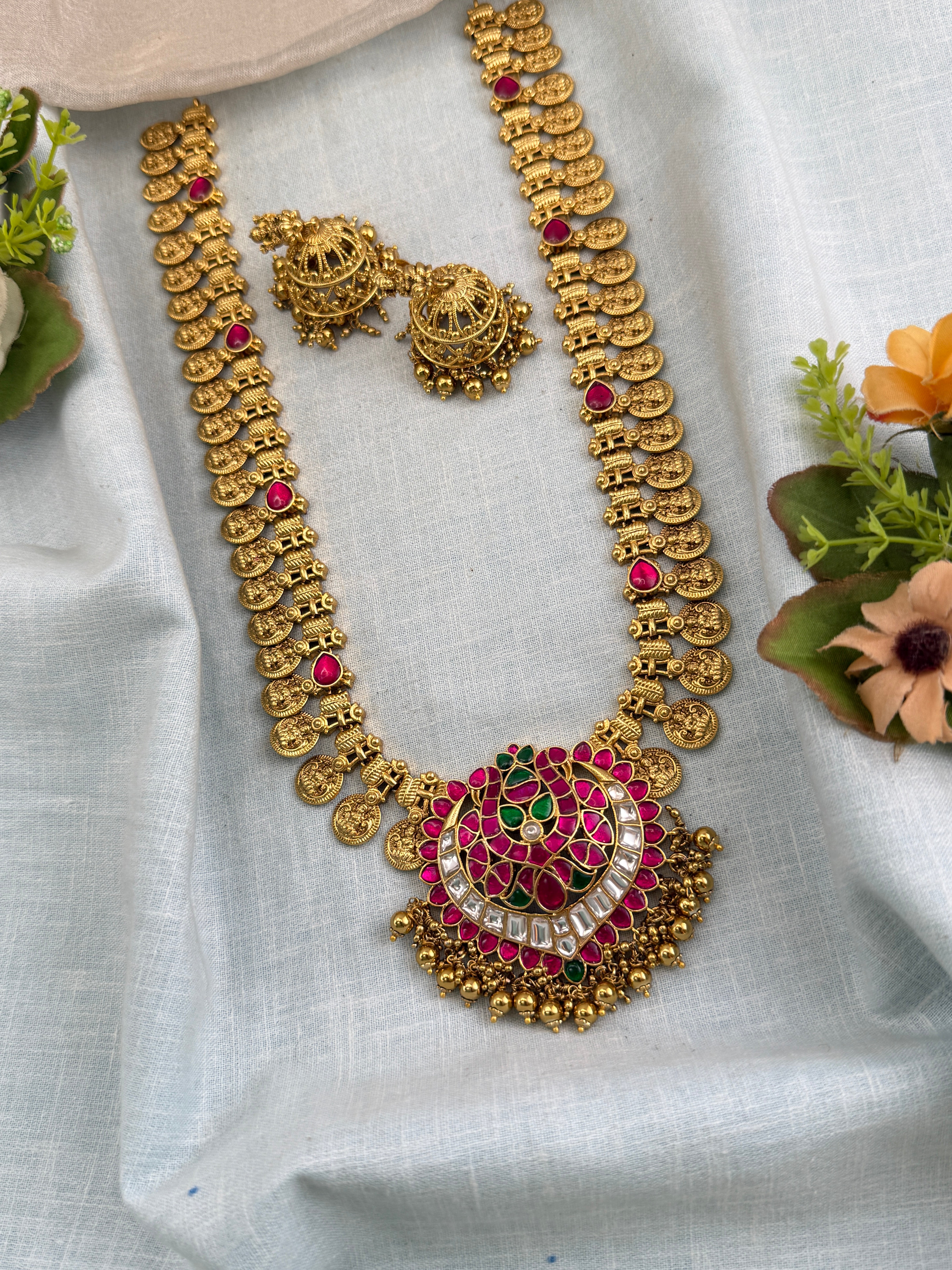 Antique Kasu Jadau Kundan Pendant Long Necklace Set | 0140