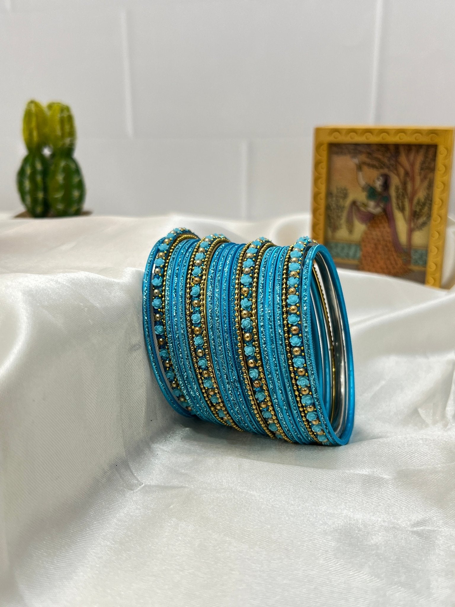 Ananda Blue and Antique Metal & Stone Bangle Set 5067 - Mahilas