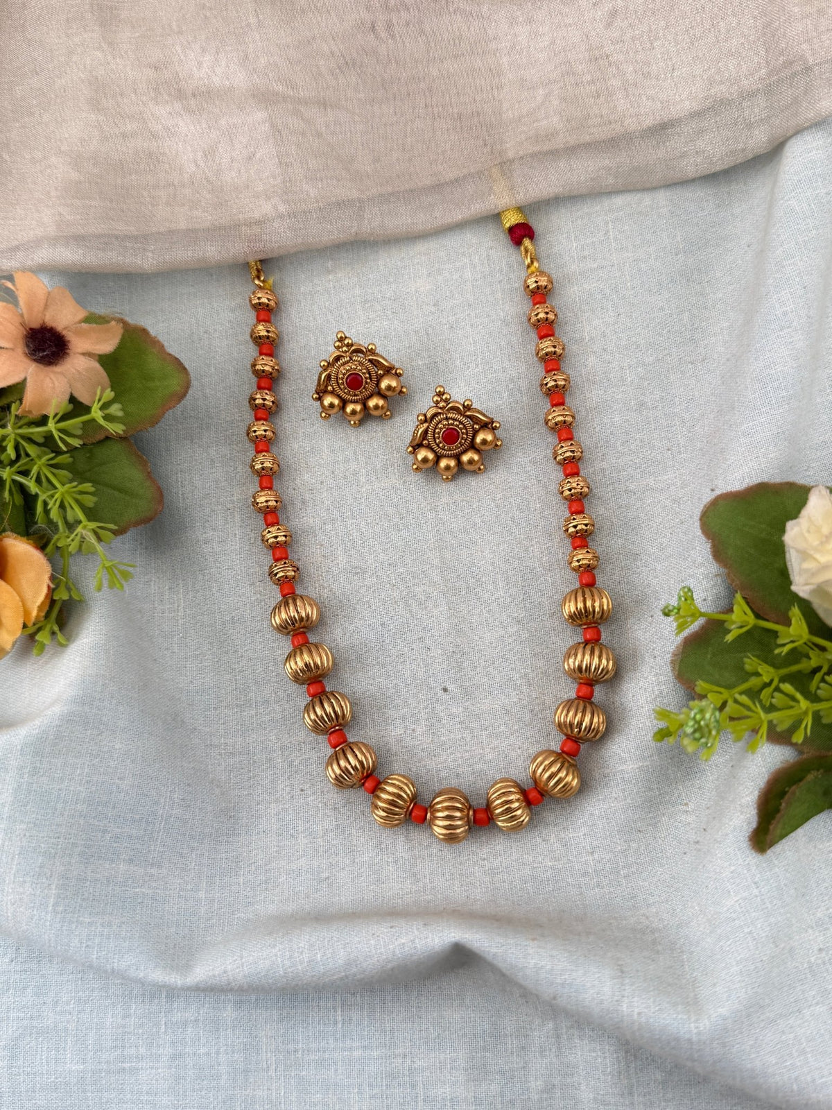 Antique Beads Mid Long Necklace Set | N0186 - Mahilas