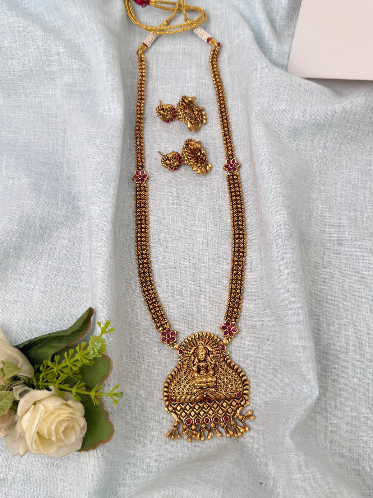 Antique Designer Necklace Lakshmi Pendant Long Set | N0898 - Mahilas