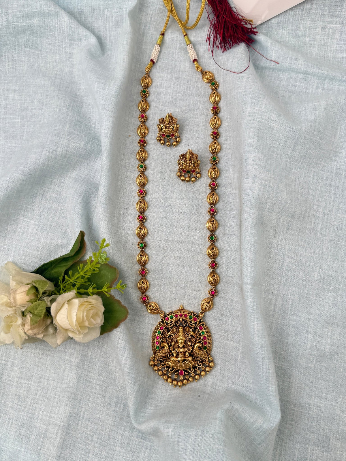 Antique Designer Necklace Lakshmi Pendant Long Set | N1072 - Mahilas