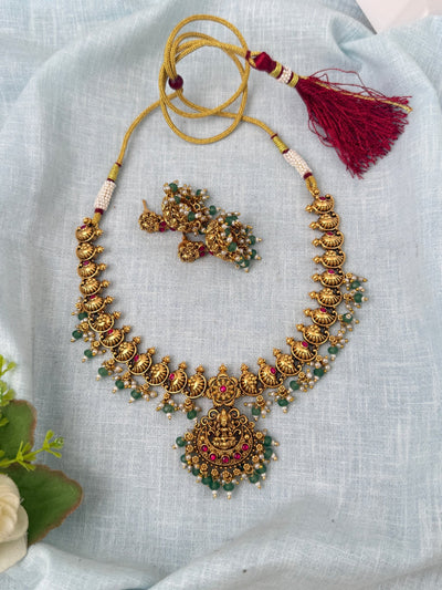 Antique Designer Necklace Lakshmi Pendant Short Set | N1069 - Mahilas