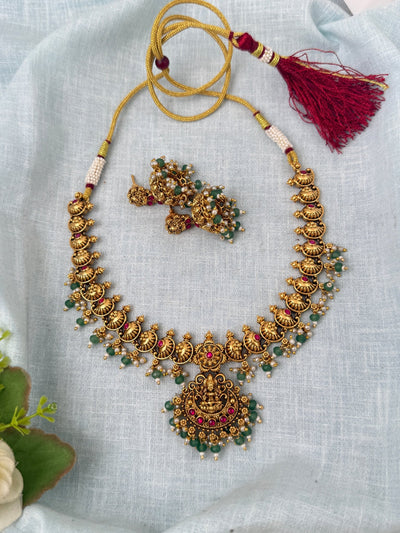 Antique Designer Necklace Lakshmi Pendant Short Set | N1069 - Mahilas