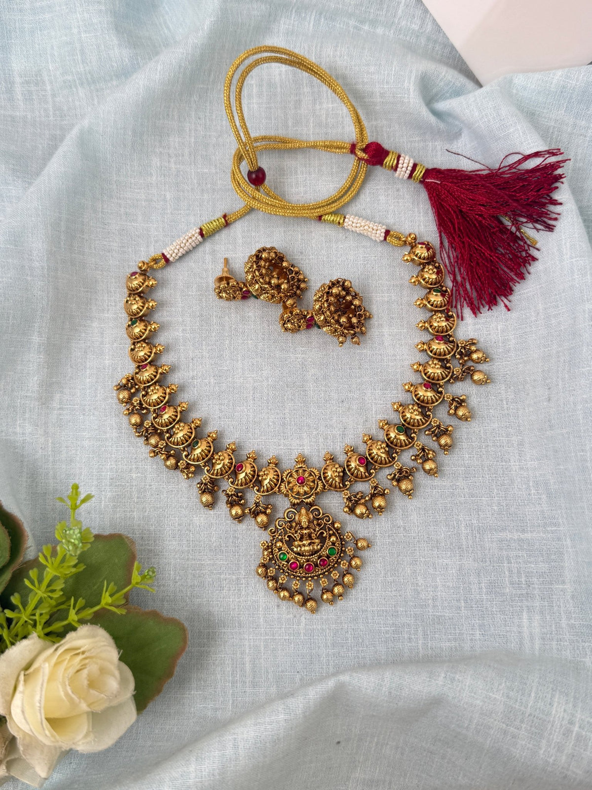 Antique Designer Necklace Lakshmi Pendant Short Set | N1070 - Mahilas