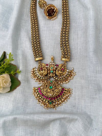 Antique Designer Necklace Premium Peacock Pendant Long Set | N1026 - Mahilas