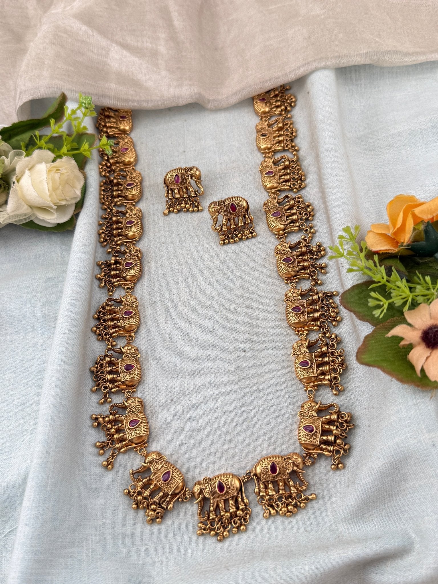 Antique Elephant Gajje Long Necklace Set | No243 - Mahilas