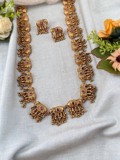 Antique Elephant Gajje Long Necklace Set | No243 - Mahilas