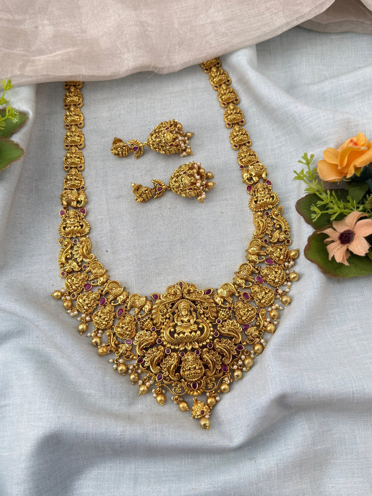 Antique Grand Gaja Lakshmi Long Necklace Set | N0271 - Mahilas