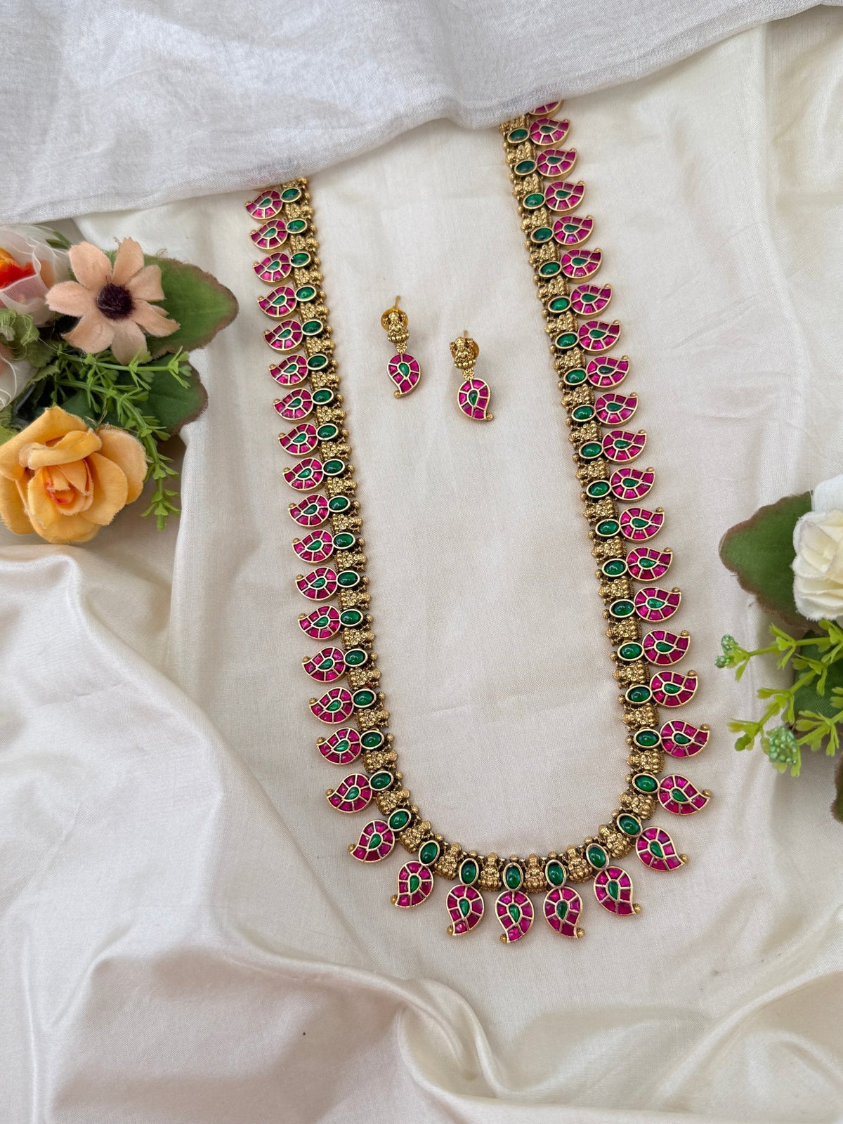 Antique Grand Jadau Kundan Mango Long Necklace Set | 218 - Mahilas