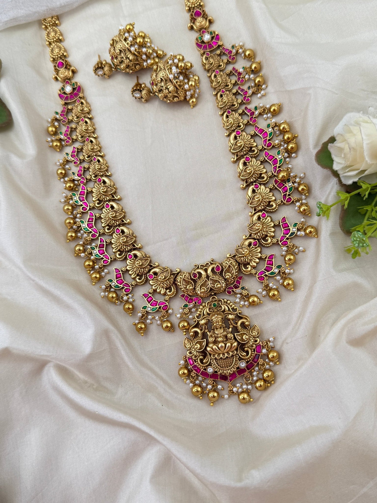 Antique Grand Jadau Lakshmi Peacock Necklace Set | 220 - Mahilas