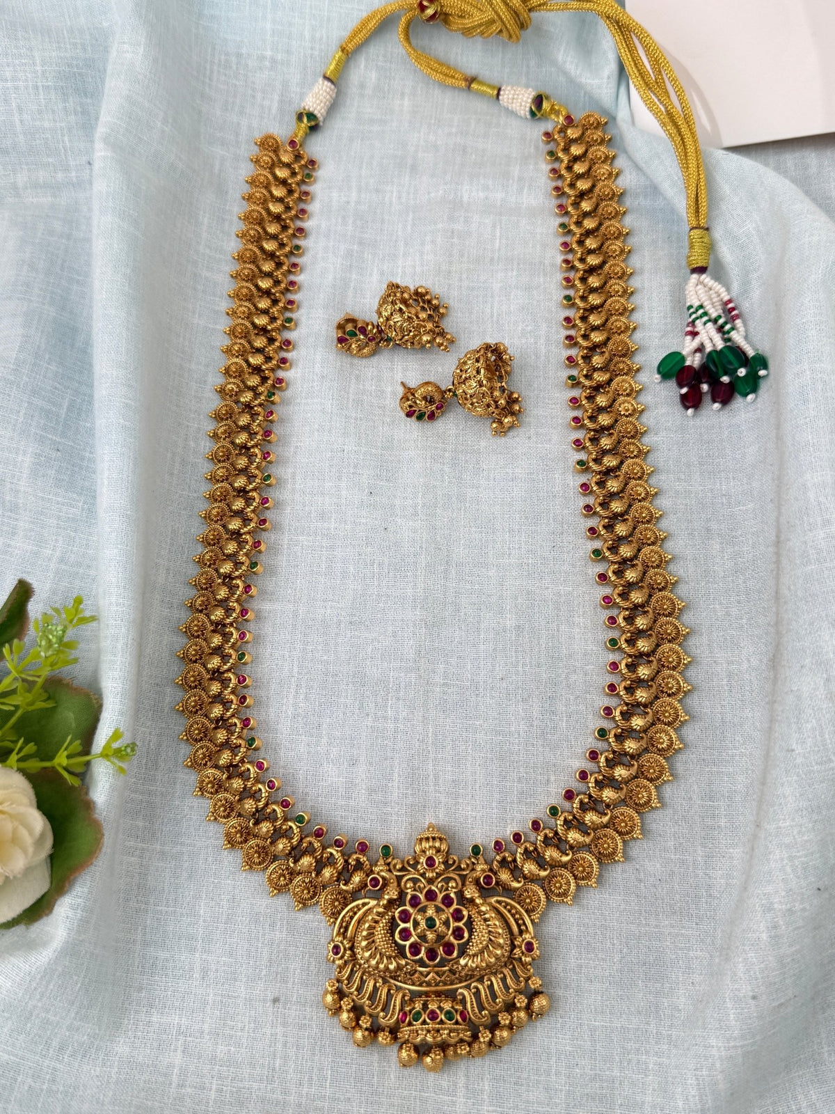 Antique Grand Neacklace Kaasu With Peacock Premium Long Set | N1122 - Mahilas