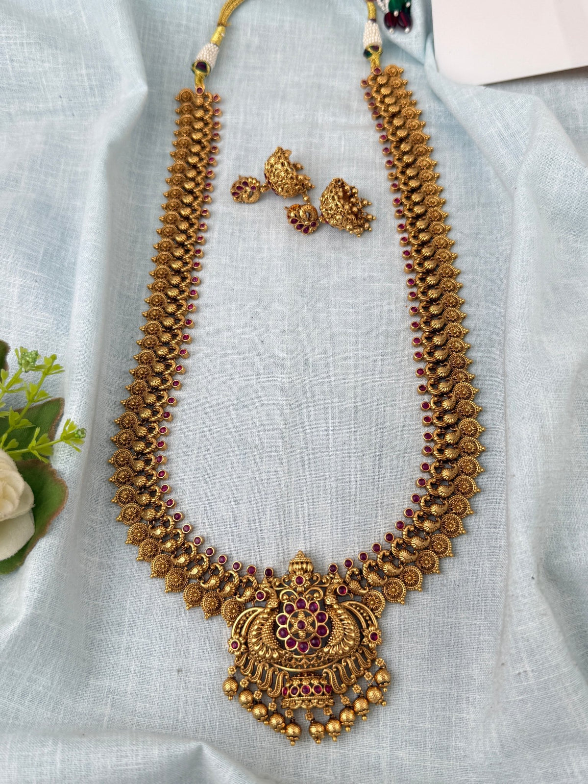 Antique Grand Neacklace Kaasu With Peacock Premium Long Set | N1123 - Mahilas