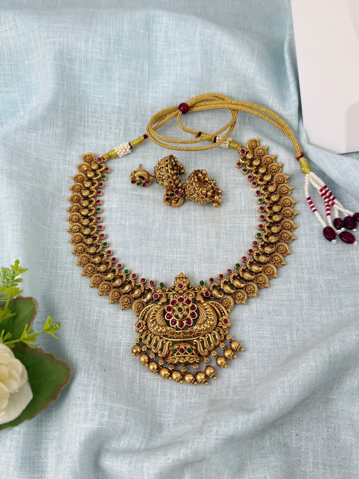 Antique Grand Neacklace Kaasu With Peacock Premium Short Set | N1120 - Mahilas