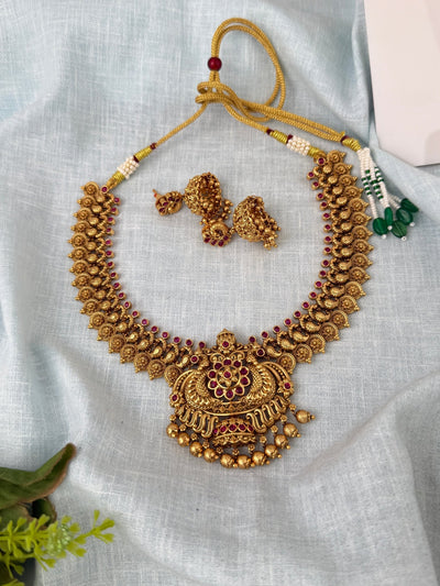 Antique Grand Neacklace Kaasu With Peacock Premium Short Set | N1121 - Mahilas