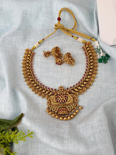 Antique Grand Neacklace Kaasu With Peacock Premium Short Set | N1121 - Mahilas