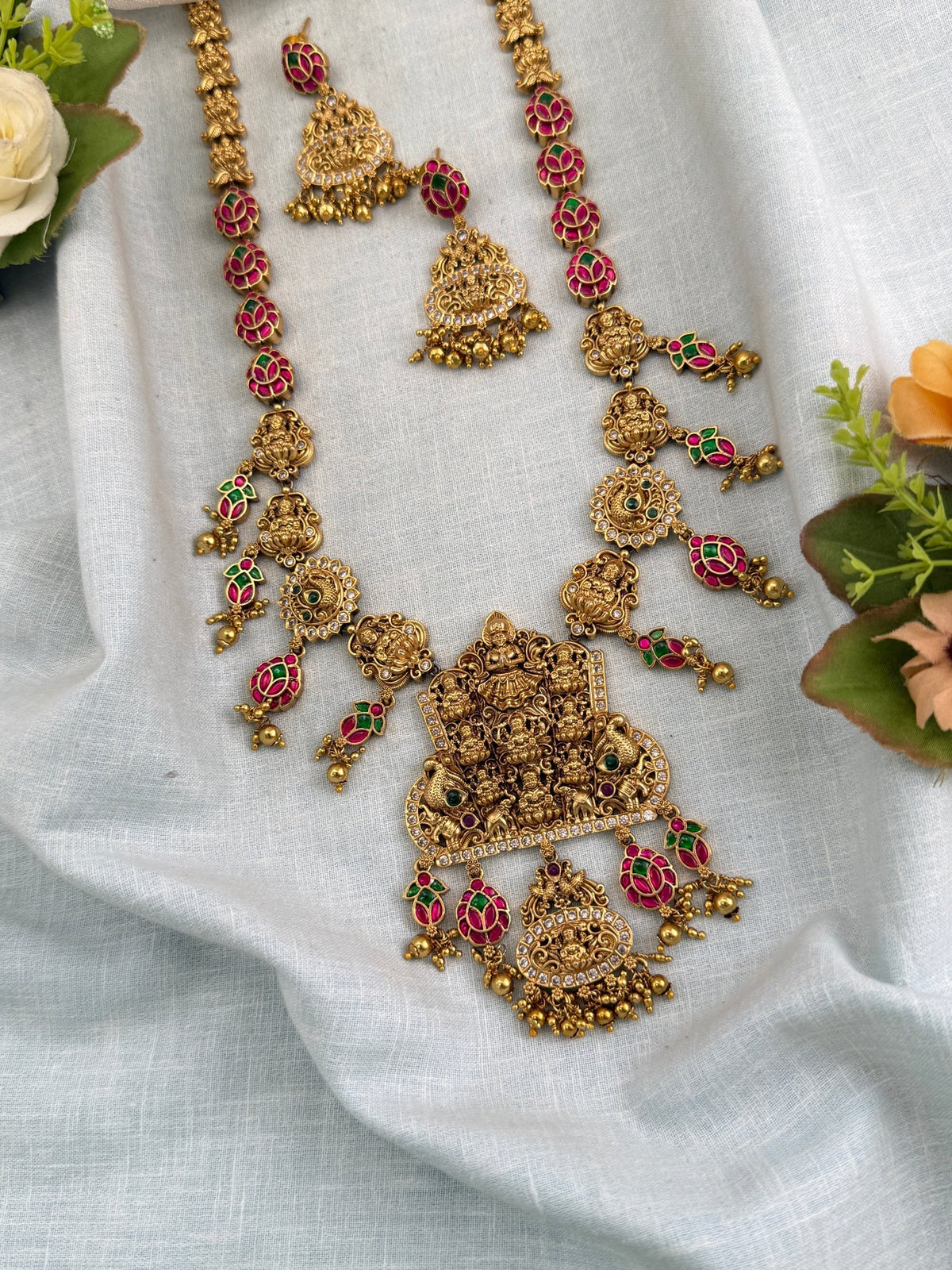 Antique Jadau Kundan Ashtalakshmi Pendant Long Necklace Set | 0124 - Mahilas