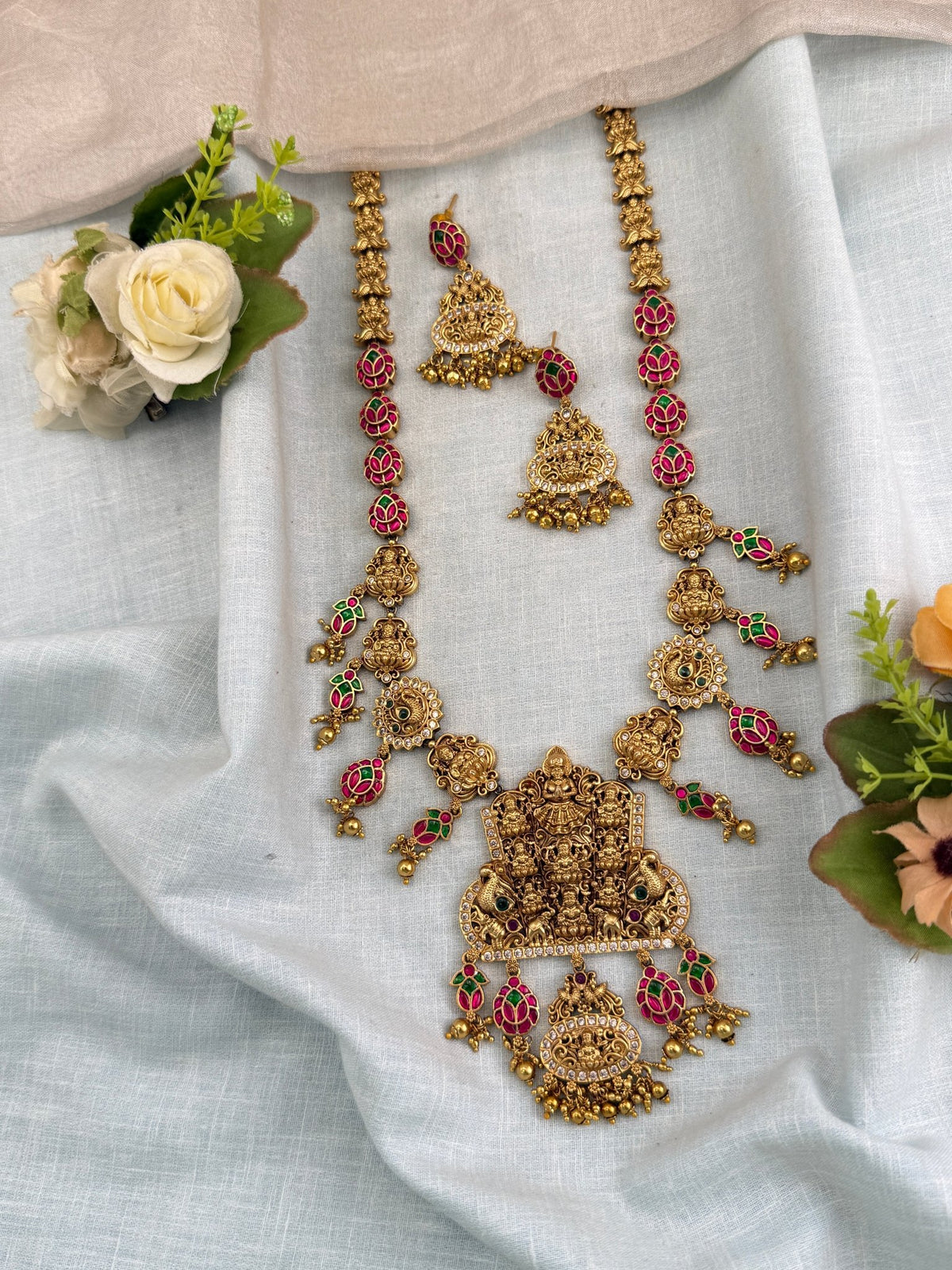 Antique Jadau Kundan Ashtalakshmi Pendant Long Necklace Set | 0124 - Mahilas