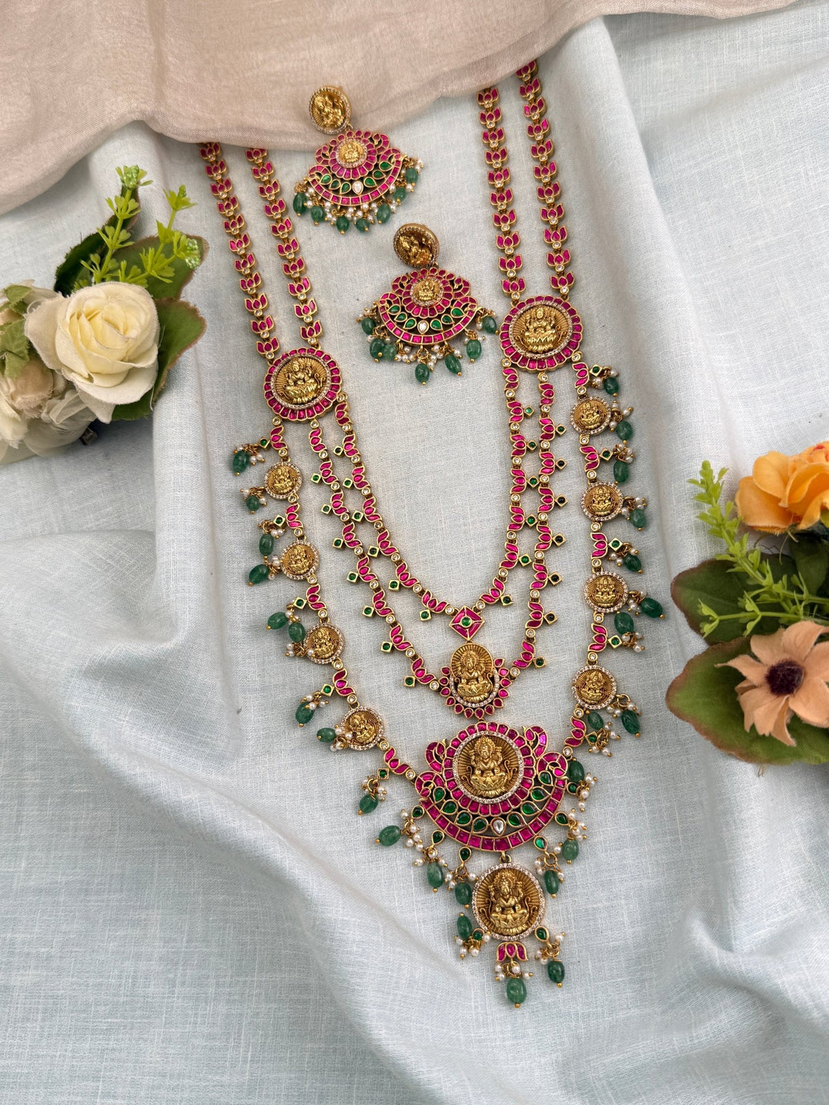 Antique Jadau Kundan Lakshmi Layer Long Necklace Set | 0125 - Mahilas