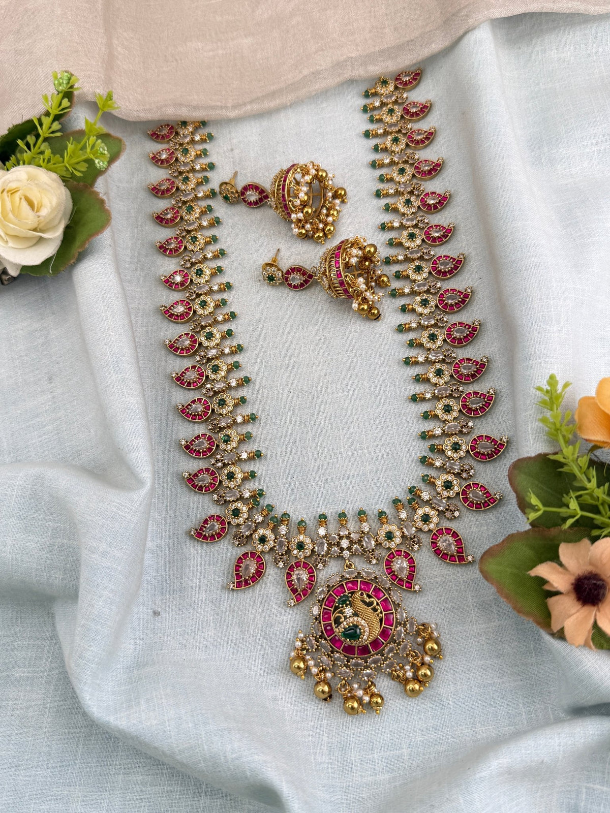 Antique Jadau Kundan Mango Long Pendant Necklace Set | 0128 - Mahilas