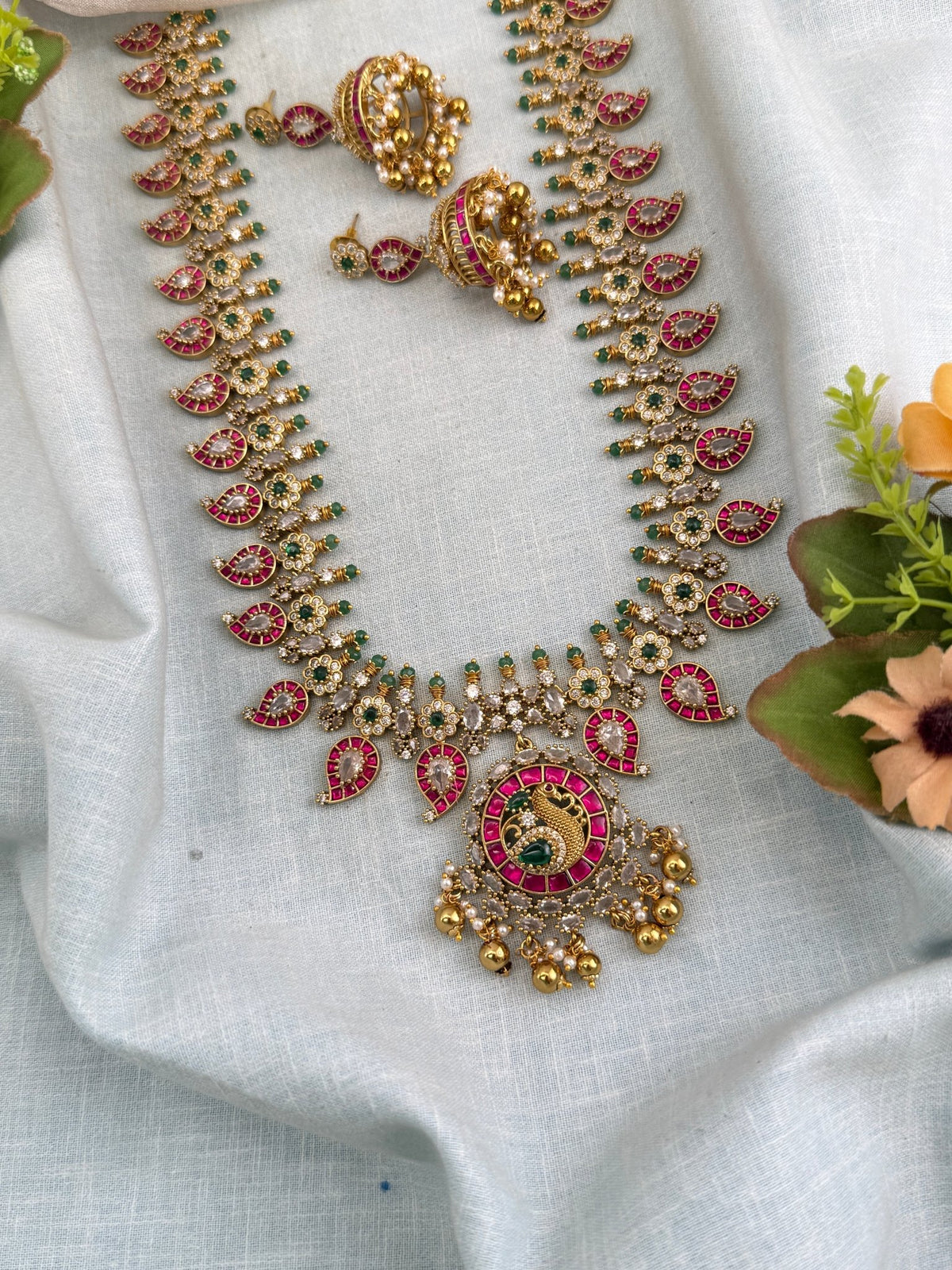 Antique Jadau Kundan Mango Long Pendant Necklace Set | 0128 - Mahilas