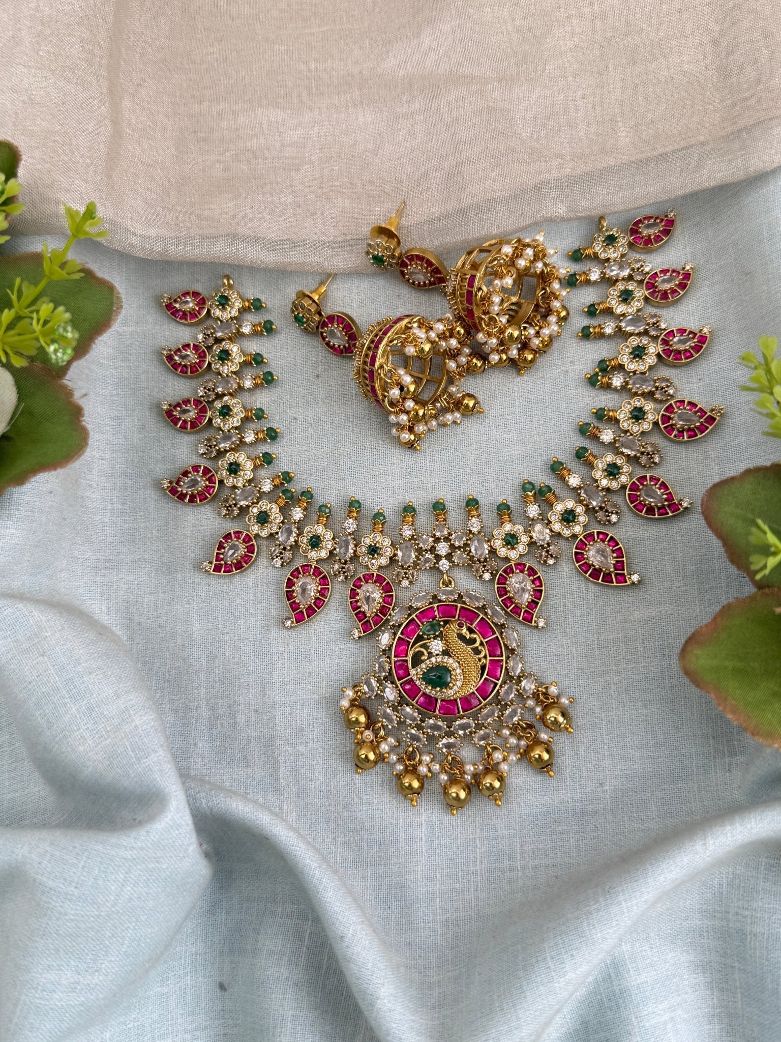 Antique Jadau Kundan Mango Long Pendant Necklace Set | 0129 - Mahilas