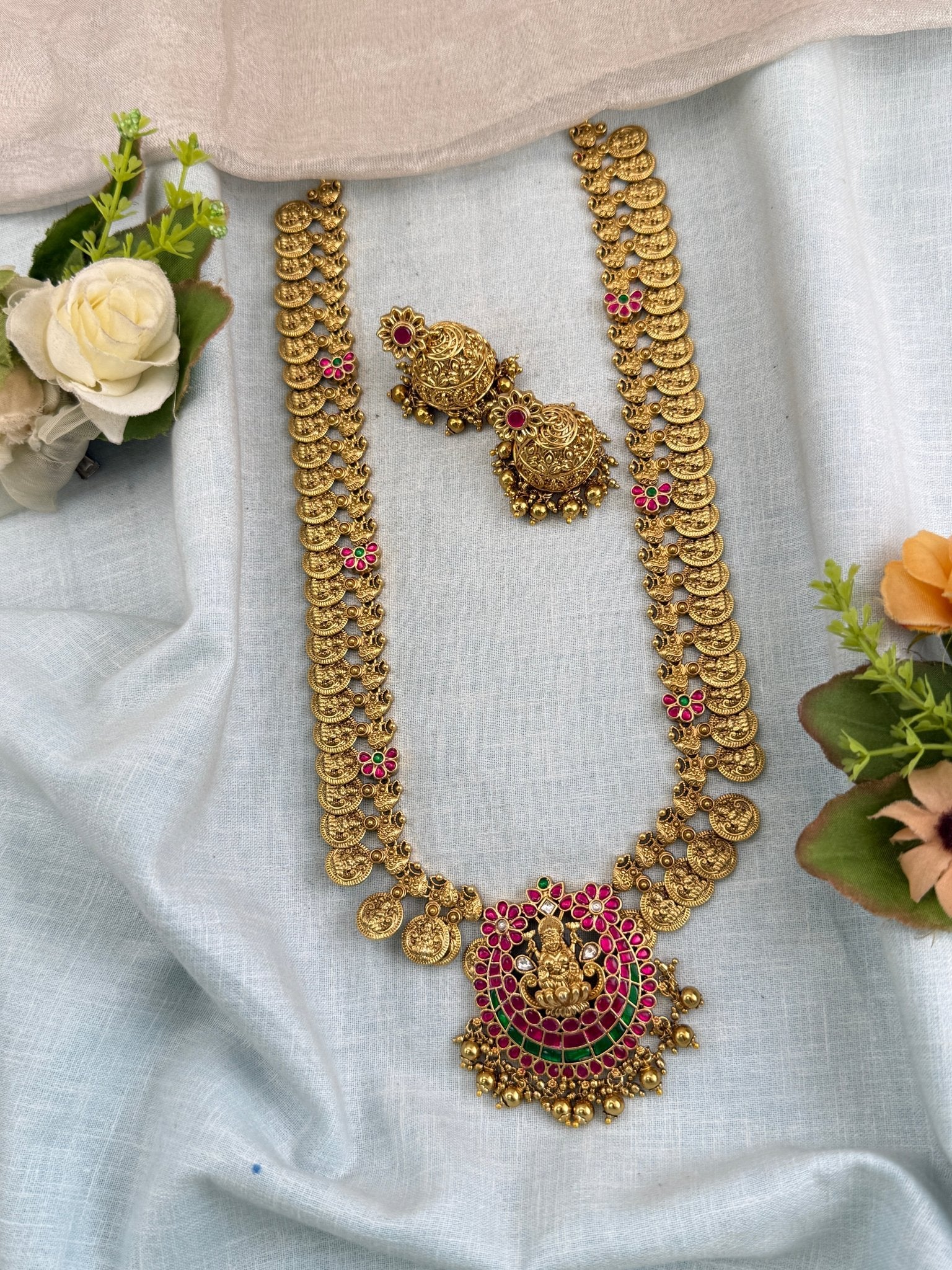 Antique Jadau Kundan Mango Long Pendant Necklace Set | 0135 - Mahilas