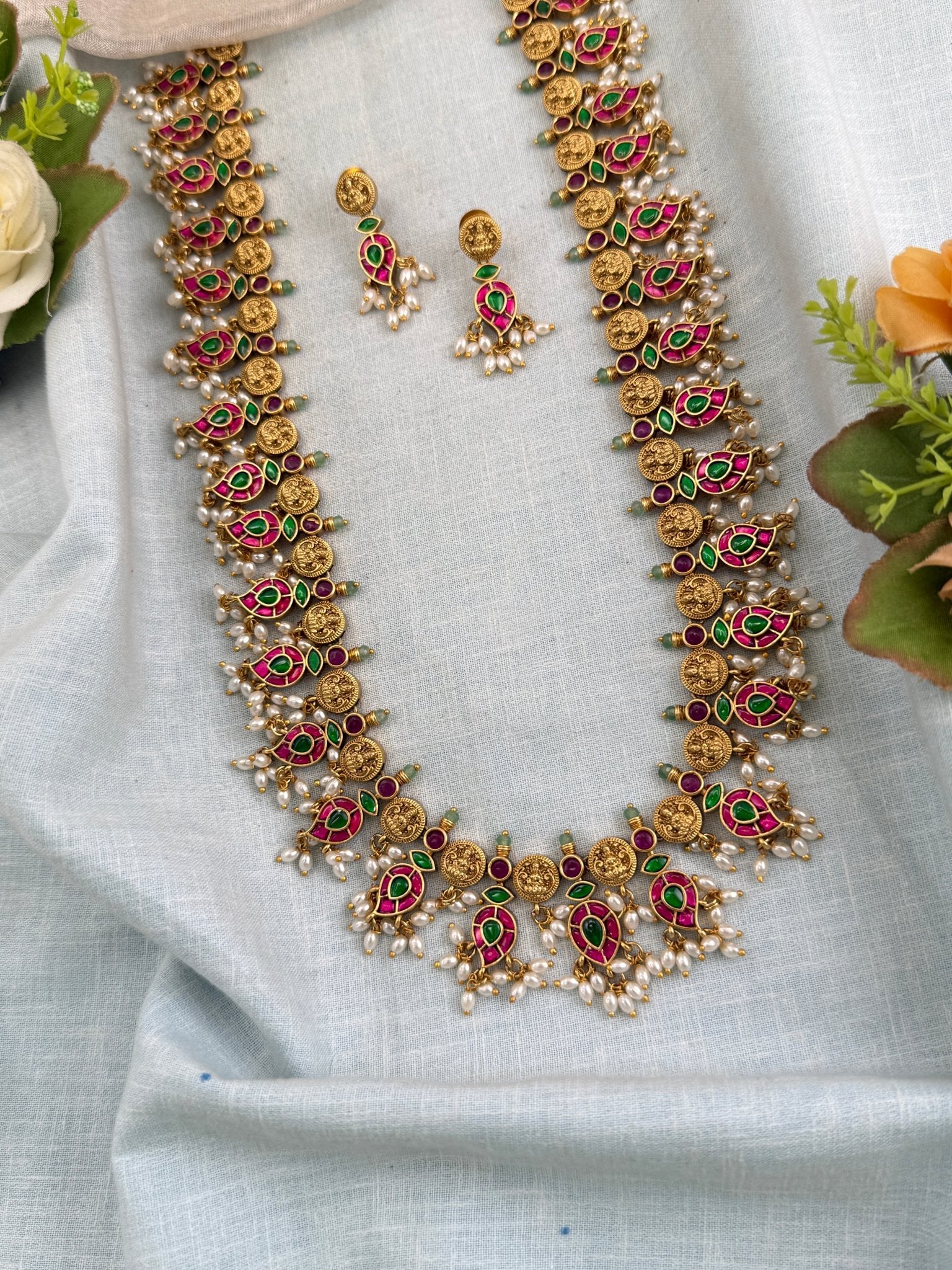 Antique Jadau Kundan Mango Long Pendant Necklace Set | 0136 - Mahilas