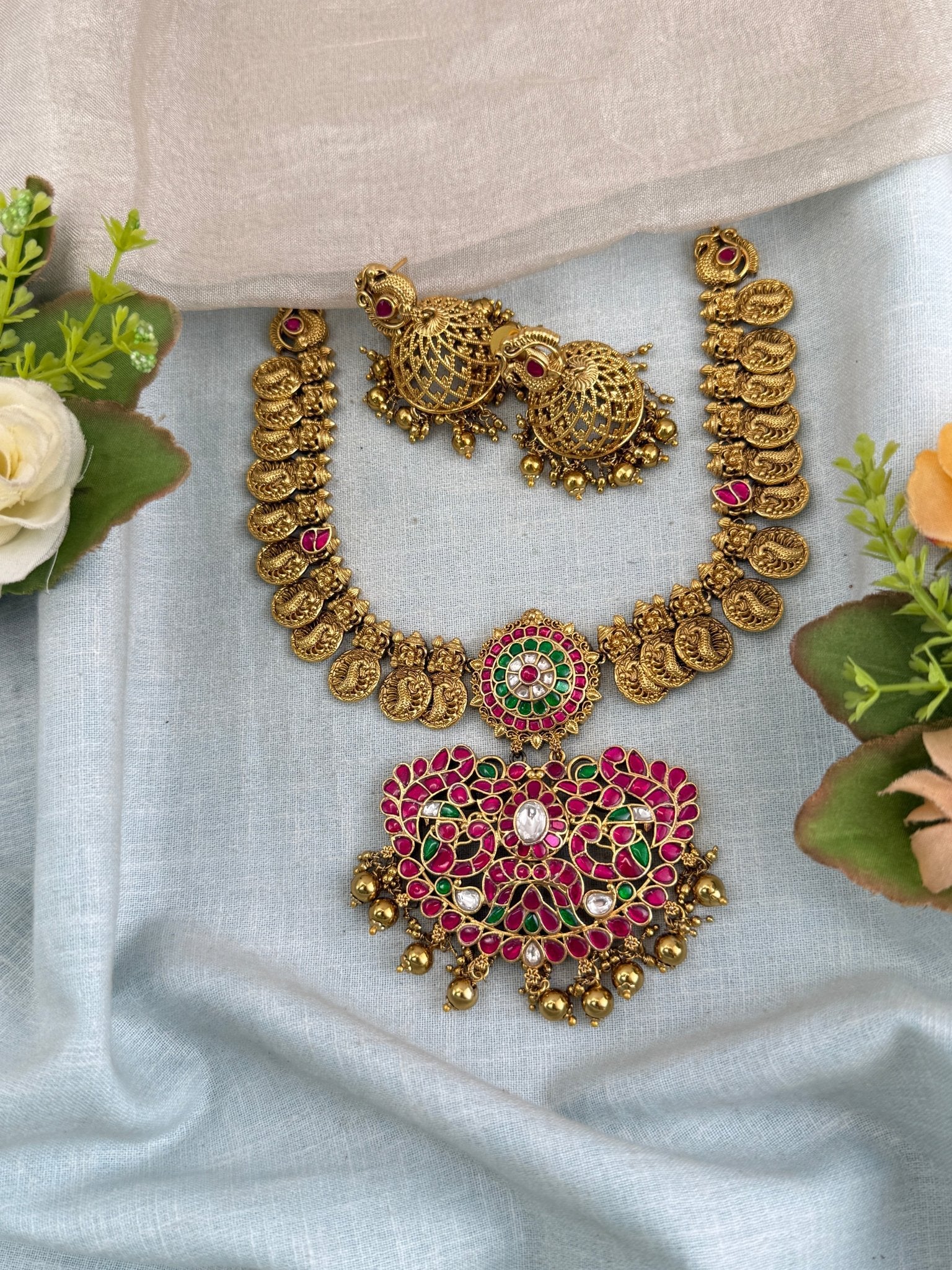 Antique Jadau Kundan Mango Long Pendant Necklace Set | 0138 - Mahilas