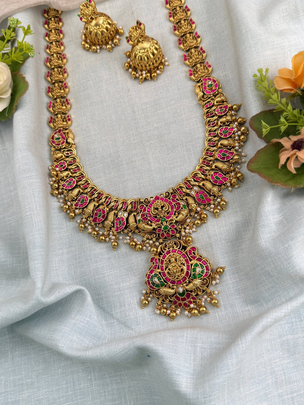 Antique Jadau Kundan Peacock Lakshmi Pendant Long Necklace Set | 0108 - Mahilas