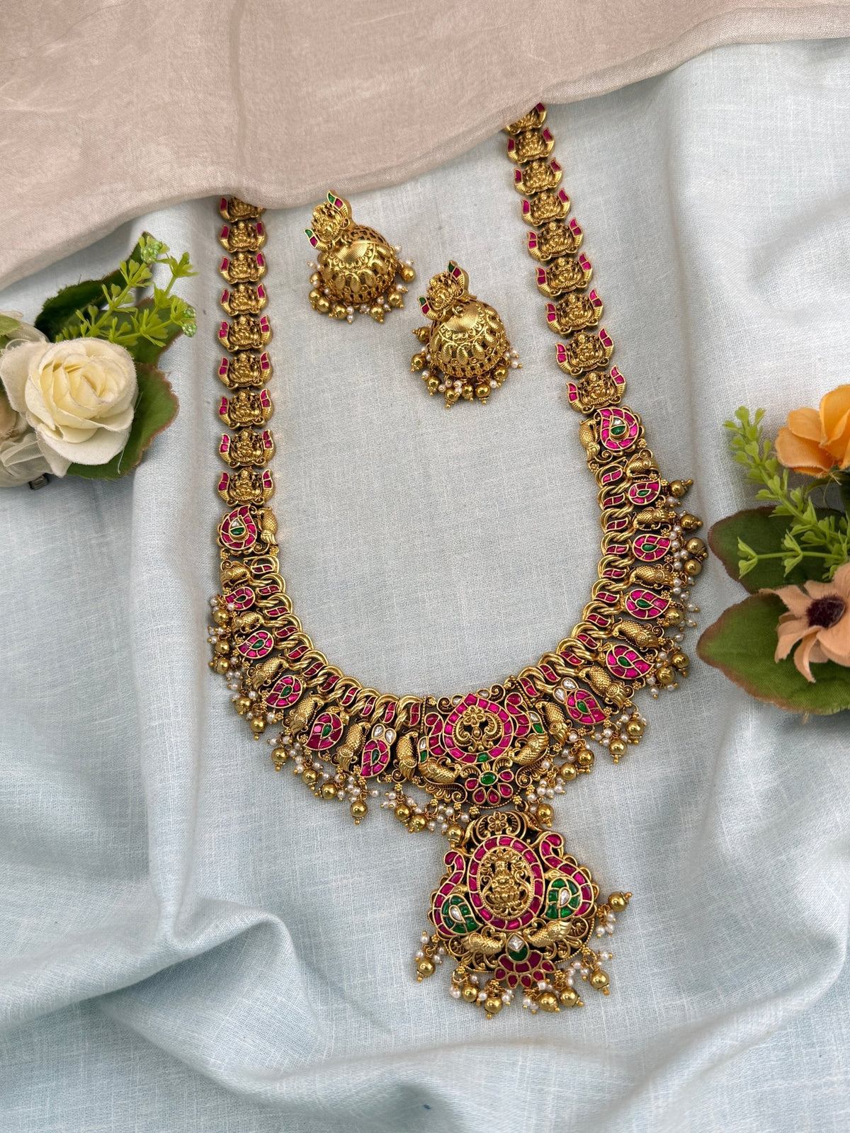 Antique Jadau Kundan Peacock Lakshmi Pendant Long Necklace Set | 0108 - Mahilas