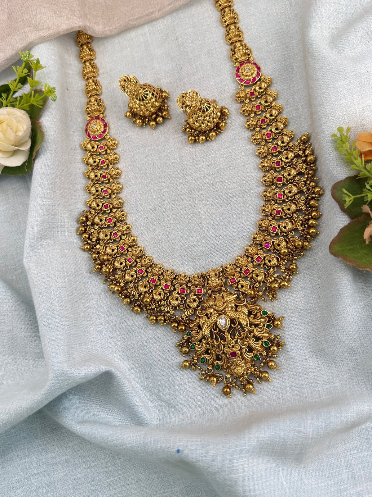 Antique Jadau Kundan Peacock Lakshmi Pendant Long Necklace Set | 0109 - Mahilas