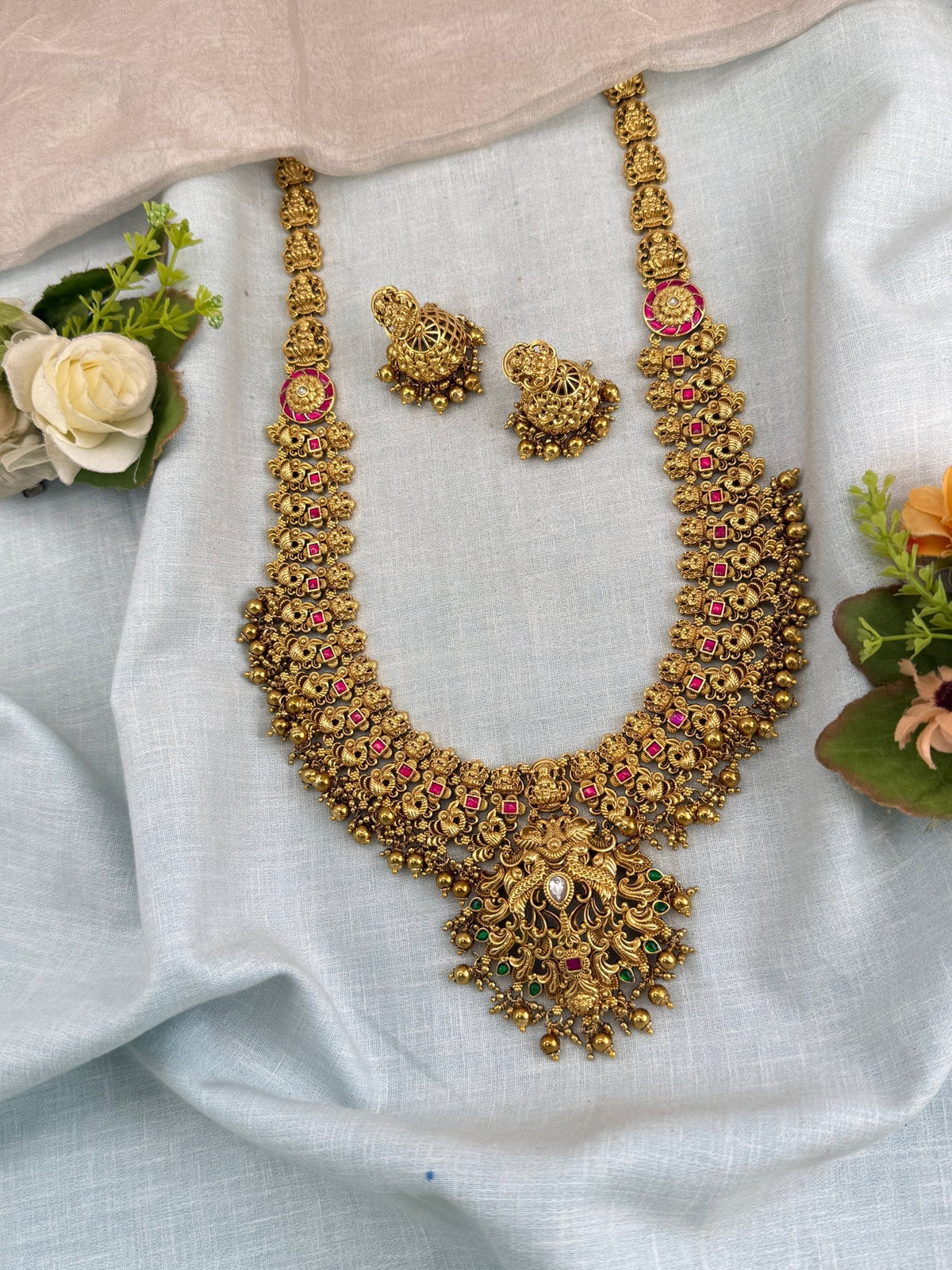 Antique Jadau Kundan Peacock Lakshmi Pendant Long Necklace Set | 0109 - Mahilas