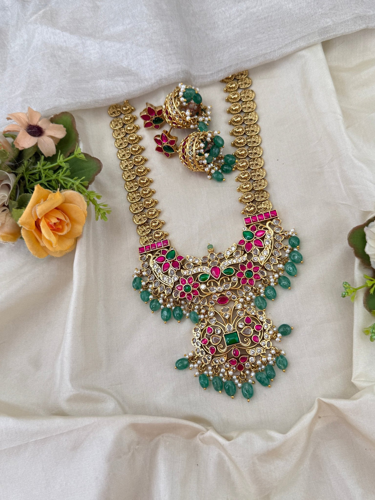 Antique Jadau Lakshmi Kasu Mid Long Necklace Set | 223 - Mahilas