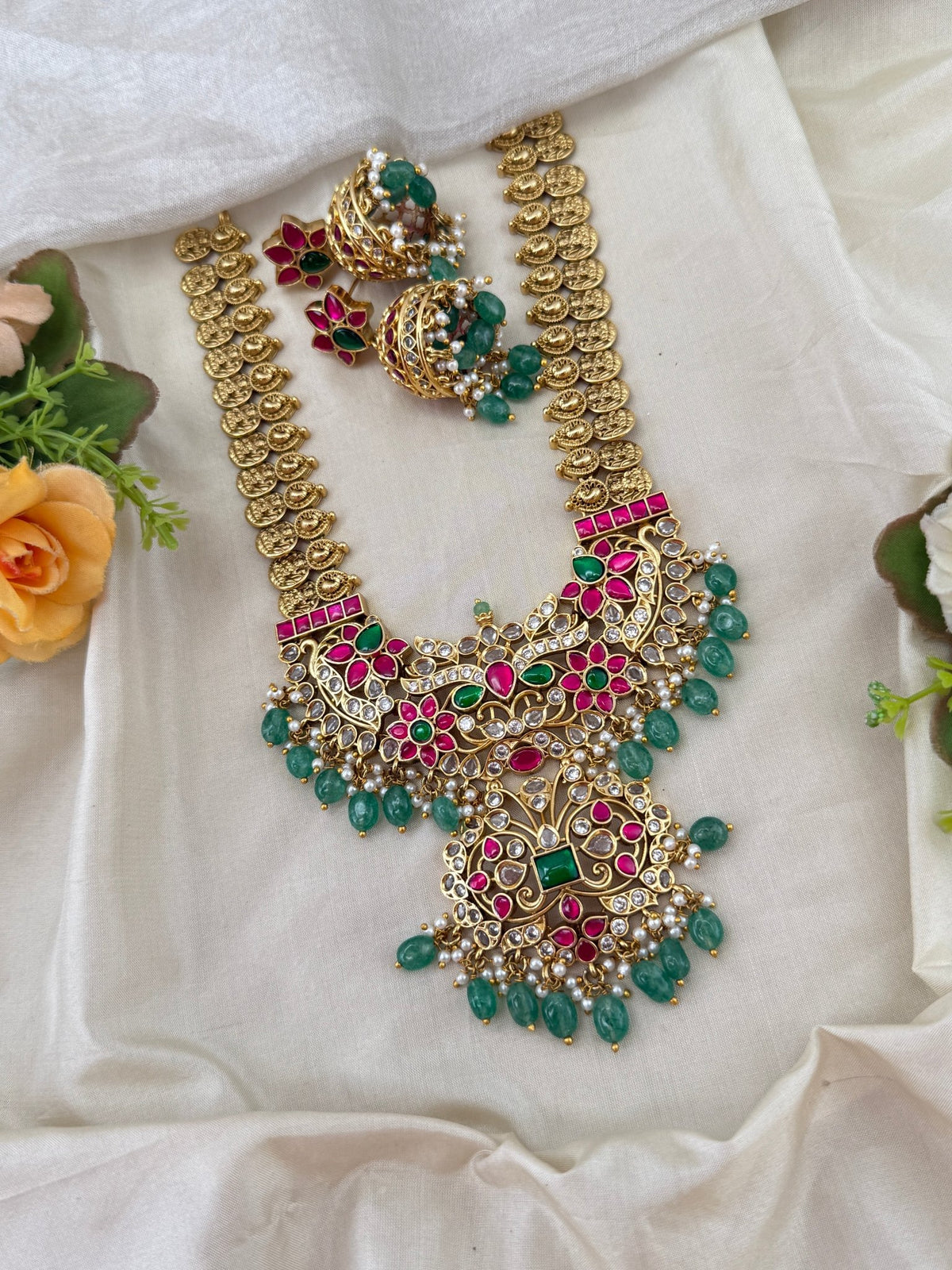 Antique Jadau Lakshmi Kasu Mid Long Necklace Set | 223 - Mahilas