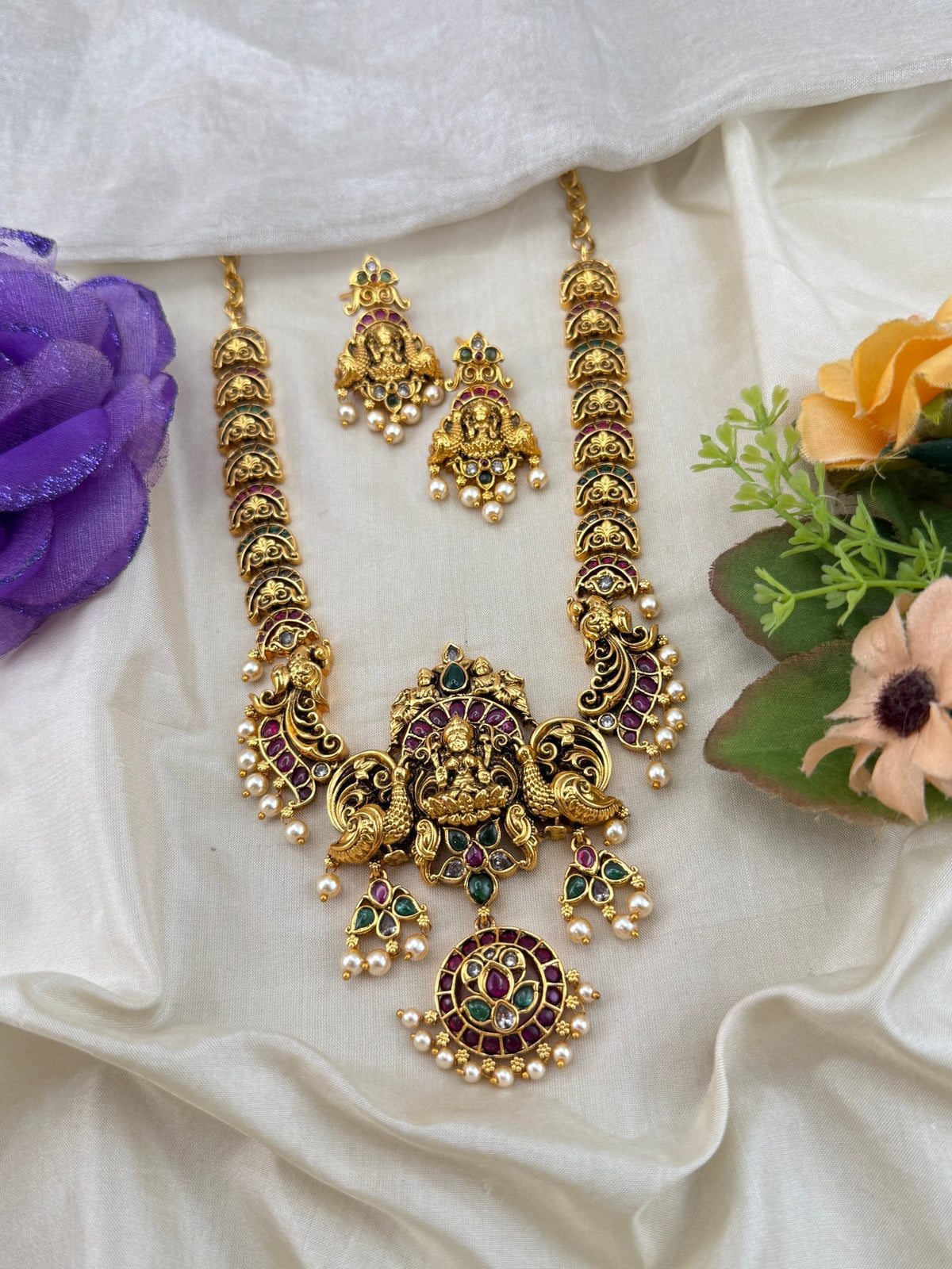 Antique Jadau Lakshmi Mid Long Necklace Pendant Set | 258 - Mahilas